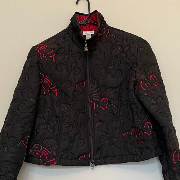 Embroidered Crop Moto Jacket Black Red Size 14 - Picture 3 of 10